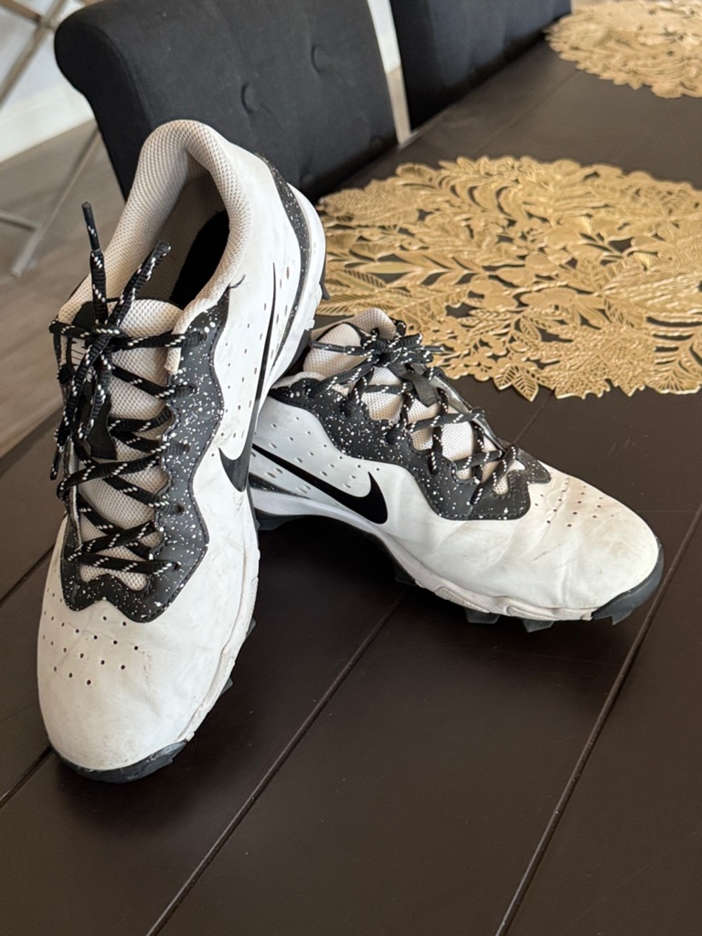Nike White and Black Speckled Athletic Football Cleats